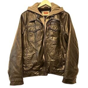Levi's Size S Men's Black Jersey Hooded Faux Leather Moto Hoodie Jacket Casual
